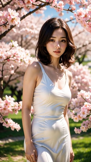 1 girl, standing under a cherry blossom tree, in a white dress, dazzling sunlight, (photo realistic, realistic:1.5),