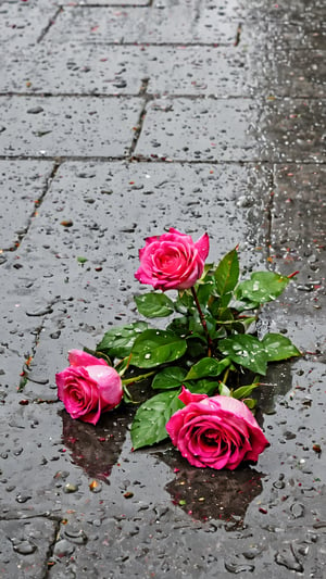 Roses lying on the concrete ground in the rain,detailmaster2,more detail XL