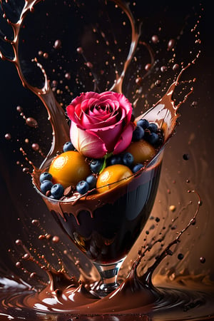 a photograph of a rose, champagne, maraschino cherries, blueberries, lychees , hundreds and thousands, dark chocolate sauce, nuts, mint leaves, splashing dark chocolate sauce, in a gradient Cherry  coloured background, fluid motion, dynamic movement, cinematic lighting, palette knife, digital artwork by Beksinski,action shot,sweetscape, 3D, oversized fruit, caramel theme, art by Klimt, airbrush art, food photography, food explosion, 