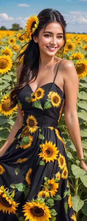 a beautiful young woman holding a bouquet of sunflowers, long black flowing hair, chignon,brown eyes,lipgloss,expressive realistc detailed outfits,vibrant colors dress,kind smile, bliss,🌞 🌻💕✨,🥂,colorful,beautiful and aesthetic,
