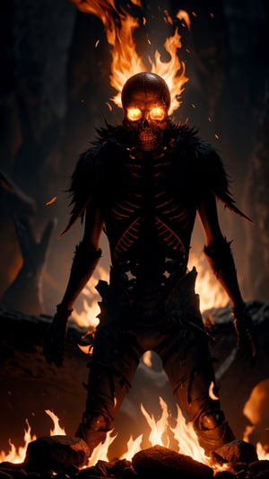 A hyper realistic image of a macabre scene of an undead skeleton pyromancer, wreathed in flames, casting dark fire spells amidst the skeletal remains of fallen foes. The background features a foreboding, lava-filled abyss, adding to the sinister ambiance of the Dark Souls universe. highly detailed, sharp focus.8k,photography style