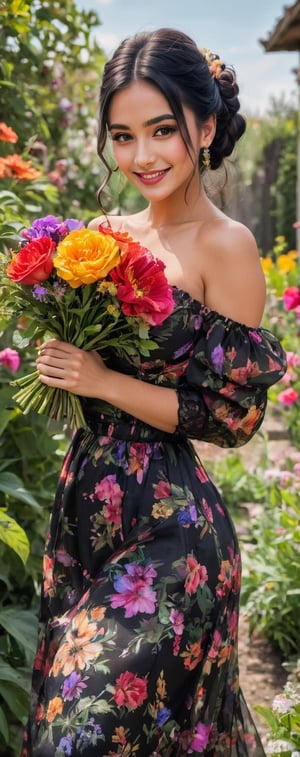 a beautiful young woman in a garden holding a bouquet of flowers, black flowy hair, chignon,brown eyes,lipgloss,expressive realistc detailed outfits,vibrant colors dress,kind smile, bliss,🌹,💕✨,🌿,colorful,beautiful and aesthetic,