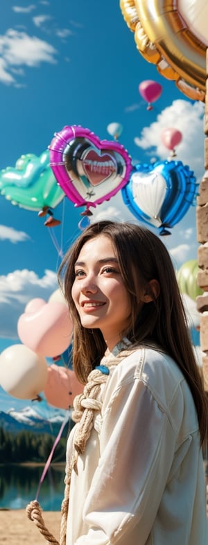 A 20-year-old woman looking in the direction of an unknown object (a familiar face) Angel, angel wings, balloons, heart balloons, wind, rope, earth landscape, medieval castle, lake, mountains, clouds, clear sky, colorful balloons (balloons: 1.5) Blue and white tones, smiles, epic, Celestia, fantasy world, beautiful world.