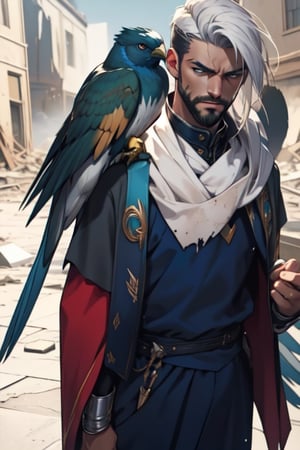 Masterpiece, photorealistic African American 40 year old male wizard, stoic, chiseled facial features,  piercing eyes, looking at the viewer, tall in height, medium athletic body type, long white hair, and beard. Dressed in long dark green and red robe, d
Bird of prey detail, with a high collar with a large mechanical hawk with larger wings on his right arm that is stretched, bending slightly inward. Dark street background, large full_moon, full-body-shot, hero pose, cape attached to robe blowing in the wind, wizard's body appears to be hovering above the ground, lightning bolts in background, flames and smoke coming from battle torn buildings, detailed image of photo