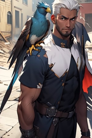 Masterpiece, photorealistic African American 40 year old dark-skinned  male wizard, stoic, chiseled facial features,  piercing eyes, looking at the viewer, tall in height, medium athletic body type, long white hair, with black streaks and trimmed beard. Dressed in long dark green and red robe, d
Bird of prey detail, with a high collar with a large mechanical hawk with larger wings on his right arm that is stretched, bending slightly inward. Dark street background, large full_moon, full-body-shot, hero pose, cape attached to robe blowing in the wind, wizard's body appears to be hovering above the ground, lightning bolts in background, flames and smoke coming from battle torn buildings, detailed image of photo