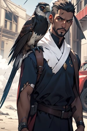 Masterpiece, photorealistic African American 40 year old dark-skinned  male wizard, stoic, chiseled facial features,  piercing eyes, looking at the viewer, tall in height, medium athletic body type, long white hair, with black streaks and trimmed beard. Dressed in long dark green and red robe, half red cape, 
Bird of prey detail, with a high collar with a large mechanical hawk with larger wings on his right arm that is stretched, bending slightly inward. Dark street background, large full_moon, full-body-shot, hero pose, cape attached to robe blowing in the wind, wizard's body appears to be hovering above the ground, lightning bolts in background, flames and smoke coming from battle torn buildings, detailed image of photo