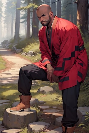 Img2Img, masterpiece, short hair, head almost bald, dark_skinned, Black man posing with right leg bending slightly inward on a elevated stone wall, hands on leg, looking down and away from the camera. Wearing a long oriental robe, tan light brown boots, forest in background. 
