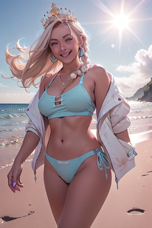 masterpiece:1.2, best quality:1.2, 8k raw, (Simple, light pastel teal and white), morning sun, glow, beachside, wearing a lavish crown,
(1woman), laughing, long light blonde hair, single Braid
(offwhite croptop:1.2), (light blue bikini bottom:1.2), (white sneaker:1.3),  wink, look away, watching sunrise, walking along the beach , large_breasts, athletic tanned body 