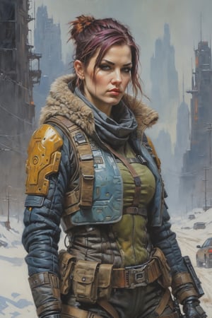 detailed full-length picture, masterpiece, best quality, ultra high resolution, visually stunning, beautiful, award-winning art (abstract art: 1.3), beautiful ))), oil painting Portret of a  cyberpunk butifful female Mercenary - field scout-killer in war winter cyberpunk outfit. , detailed face, whole body, Watercolor, trending on artstation, sharp focus, studio photo, intricate details, highly detailed, by greg rutkowski, more detail XL, hyper detailed, realistic, oil painting, by julie bell, frank frazetta, cinematic lighting