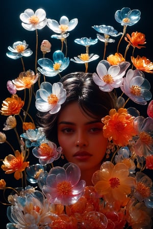 a side portrait of an attractive indian woman surrounded by flowers made of glass, wearing a elegnat dress made of transparent glass flowers, transparent flower, glass flower, filled with flowers, full of flowers, flower bed (close up shot 1:1) alluring pose, glass statue, attractive pose, epic pose, shot from below, perspective view, dynamic angle, dynamic pose, fashion editorial photography, master piece, hyper realistic, real skin, natural light, wall made of glass flowers, wall filled with flowers made of glass, dreamy, surreal, enchanting, back lit photography, dramatic lighting, high contrast, studio photography, portrait photography,Transparent Glass Flowers