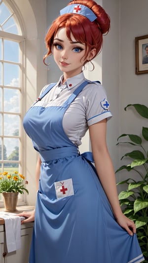 modle woman nurse during WWI, wearing a crisp apron over her uniform, her sandy ((blonde and red hair)) up in a practical bun, eyes a compassionate cornflower blue offering solace