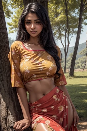 Exactly the image attached, Single Realistic 25 years old Beautiful Sri Lankan young woman, shiny honey skin tone, lovely sexy face, nice blushing cheeks, round lower lip, long black shiny hair, nature background,red and yellow floral clothes,natural light, she is near a tree filled with carrot, off sholder