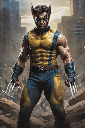Generate a powerful and intense image of Wolverine, the iconic X-Men character. Envision him in a dramatic and dynamic pose, claws unsheathed, ready for action. Emphasize his rugged and muscular physique, with scars and battle-worn features that reflect his tough and resilient nature. Capture the ferocity in his eyes and the determination in his stance. Set the scene in a dark and moody environment, perhaps with hints of shadows and flashes of adamantium claws. Convey the essence of Wolverine's feral and unstoppable persona, showcasing his strength, agility, and the untamed spirit that defines this iconic mutant hero.