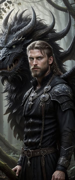Photorealistic image, young male dragon Lord, (extremely detailed 8K wallpaper), masterpiece 16k photo, medium shot, dark eyes, brown hair, strong jawline, fit body, intricate clothes, huge black dragon beside him, forest background, professional lighting, by Guillermo del Toro 