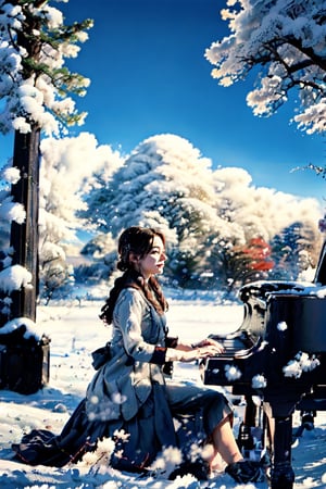  A women playing piano in the middle of a winter snowfall, captured through the lens of photography with a 50mm. Channeling the elegance of Ansel Adams, envision the scene with stark contrasts between the white snow and the ebony piano keys. The temperature is cool, with a hint of blue, capturing the artist's focused expression under the soft, natural light of a snowy day.

300 DPI, HD, 8K, Best Perspective, Best Lighting, Best Composition, Good Posture, High Resolution, High Quality, 4K Render, Highly Denoised, Clear distinction between object and body parts, Masterpiece, Beautiful face, 
Beautiful body, smooth skin, glistening skin, highly detailed background, highly detailed clothes, 
highly detailed face, beautiful eyes, beautiful lips, cute, beautiful scenery, gorgeous, beautiful clothes, best lighting, cinematic , great colors, great lighting, masterpiece, Good body posture, proper posture, correct hands, 
correct fingers, right number of fingers, clear image, face expression should be good, clear face expression, correct face , correct face expression, better hand position, realistic hand position, realistic leg position, no leg deformed, 
perfect posture of legs, beautiful legs, perfectly shaped leg, leg position is perfect,

,Anime ,KaitlynDever,Wonder of Beauty,snow_scene_background,Snow,ayaka_genshin,Torii