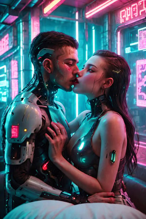 In Cyberpunk Couples Hotel, a man is kissing a woman's mouth, wet kissing, and neon lights are shining on two couples. A woman's mouth is very open and comfortable. Kiss of Cyborg,Cyberpunk