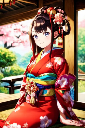 vibrant, detailed, high-resolution, artistic, 
Oiran, Japanese courtesan, Gorgeous kimono,
Red and yellow kimonos, elaborate hairstyle, elegant posture, subtle makeup, refined gestures, 
historical Japanese setting, Edo period, teahouse interior, traditional Japanese garden, cherry blossoms, Japanese lanterns, wooden architecture, by FuturEvoLab, 
cultural, historical, serene, colorful, ornate accessories, Phoenix pattern, floral patterns, silk fabrics, cultural heritage, ,Exquisite face