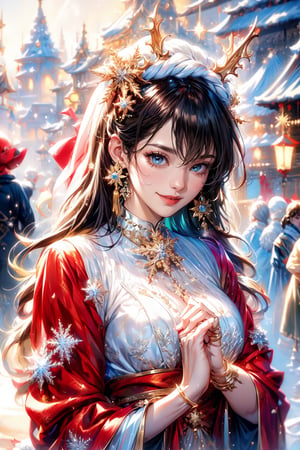 A little match seller in a Christmas costume surrounded by beautiful snowflakes,Snowflake