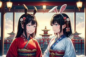 In a Japanese New Year's Eve night scene, two anime-style girls, one with rabbit ears and the other with dragon horns, are praying together. In the background, a large Joya no Kane (New Year's Eve bell) is visible. Both girls are smiling gently and are wearing traditional kimonos with chokers. The atmosphere is serene and spiritual, with a snowy background and the dimly lit temple, reflecting the peacefulness of the New Year's Eve in Japan.