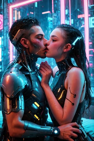 In Cyberpunk Couples Hotel, a man is kissing a woman's mouth, wet kissing, and neon lights are shining on two couples. A woman's mouth is very open and comfortable. Kiss of Cyborg