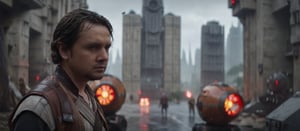 cinematic film (star wars) still of a man standing in the middle of a street surrounded by concrete tower blocks, raining, close up,, filmic, vignette, highly detailed, high budget Hollywood movie, bokeh, cinemascope, moody, epic, gorgeous, film grain, grainy, foggy glow, (passion, fire, red lighting,:1.05), cip4rf

