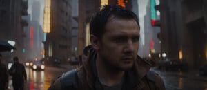 cinematic film (blade runner) still of a man standing in the middle of a street surrounded by concrete tower blocks, wearing glasess, raining, close up,, filmic, vignette, highly detailed, high budget Hollywood movie, bokeh, cinemascope, moody, epic, gorgeous, film grain, grainy, foggy glow, (passion, fire, red lighting,:1.05), cip4rf