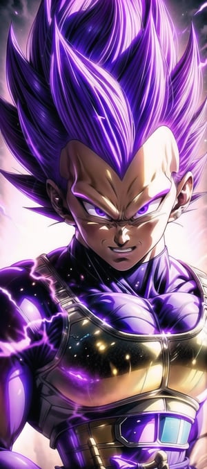 We can visualize the iconic character from the animated series Dragon Ball Z, Vegeta Ultra Ego, full power. (Violet hair:1.9). Perfect violet eyes, with his characteristic blue warrior suit. Flashes of light and electricity surround violet his entire body,  with an extremely aggressive appearance, smiling laugh. His ki is immense and mystical violet color. He is at the culmination of a great battle for the fate of universe 7. The image quality and details have to be worthy of one of the most famous characters in all of anime history and honor him as he deserves. which reflects the design style and details of the great Akira Toriyama. Full body:1.3, face front, battlefield background 



PNG image format, sharp lines and borders, solid blocks of colors, over 300ppp dots per inch, 32k ultra high definition, 530MP, Fujifilm XT3, cinematographic, (photorealistic:1.6), 4D, High definition RAW color professional photos, photo, masterpiece, realistic, ProRAW, realism, photorealism, high contrast, digital art trending on Artstation ultra high definition detailed realistic, detailed, skin texture, hyper detailed, realistic skin texture, facial features, armature, best quality, ultra high res, high resolution, detailed, raw photo, sharp re, lens rich colors hyper realistic lifelike texture dramatic lighting unrealengine trending, ultra sharp, pictorial technique, (sharpness, definition and photographic precision), (contrast, depth and harmonious light details), (features, proportions, colors and textures at their highest degree of realism), (blur background, clean and uncluttered visual aesthetics, sense of depth and dimension, professional and polished look of the image), work of beauty and complexity. perfectly symmetrical body.
(aesthetic + beautiful + harmonic:1.5), (ultra detailed face, ultra detailed perfect eyes, ultra detailed mouth, ultra detailed body, ultra detailed perfect hands, ultra detailed clothes, ultra detailed background, ultra detailed scenery:1.5),



detail_master_XL:0.9,SDXLanime:0.8,LineAniRedmondV2-Lineart-LineAniAF:0.8,EpicAnimeDreamscapeXL:0.8,ManimeSDXL:0.8,Midjourney_Style_Special_Edition_0001:0.8,animeoutlineV4_16:0.8,perfect_light_colors:0.8,SAIYA,yuzu2:0.3,super Saiyan,UE_vegeta