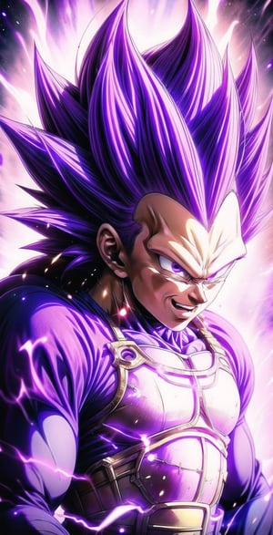 We can visualize the iconic character from the animated series Dragon Ball Z, Vegeta Ultra Ego, full power. (Violet hair:1.9). Perfect violet eyes, with his characteristic blue warrior suit. Flashes of light and electricity surround violet his entire body,  with an extremely aggressive appearance, smiling laugh. His ki is immense and mystical violet color. He is at the culmination of a great battle for the fate of universe 7. The image quality and details have to be worthy of one of the most famous characters in all of anime history and honor him as he deserves. which reflects the design style and details of the great Akira Toriyama. Full body:1.8, face front, battlefield background 



PNG image format, sharp lines and borders, solid blocks of colors, over 300ppp dots per inch, 32k ultra high definition, 530MP, Fujifilm XT3, cinematographic, (photorealistic:1.6), 4D, High definition RAW color professional photos, photo, masterpiece, realistic, ProRAW, realism, photorealism, high contrast, digital art trending on Artstation ultra high definition detailed realistic, detailed, skin texture, hyper detailed, realistic skin texture, facial features, armature, best quality, ultra high res, high resolution, detailed, raw photo, sharp re, lens rich colors hyper realistic lifelike texture dramatic lighting unrealengine trending, ultra sharp, pictorial technique, (sharpness, definition and photographic precision), (contrast, depth and harmonious light details), (features, proportions, colors and textures at their highest degree of realism), (blur background, clean and uncluttered visual aesthetics, sense of depth and dimension, professional and polished look of the image), work of beauty and complexity. perfectly symmetrical body.
(aesthetic + beautiful + harmonic:1.5), (ultra detailed face, ultra detailed perfect eyes, ultra detailed mouth, ultra detailed body, ultra detailed perfect hands, ultra detailed clothes, ultra detailed background, ultra detailed scenery:1.5),



detail_master_XL:0.9,SDXLanime:0.8,LineAniRedmondV2-Lineart-LineAniAF:0.8,EpicAnimeDreamscapeXL:0.8,ManimeSDXL:0.8,Midjourney_Style_Special_Edition_0001:0.8,animeoutlineV4_16:0.8,perfect_light_colors:0.8,SAIYA,yuzu2:0.3,super Saiyan,UE_vegeta,SSJ 3 V2:0.8