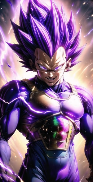 We can visualize the iconic character from the animated series Dragon Ball Z, Vegeta Ultra Ego, full power. (Violet hair:1.9). Perfect violet eyes, with his characteristic blue warrior suit. Flashes of light and electricity surround violet his entire body,  with an extremely aggressive appearance, smiling laugh. His ki is immense and mystical violet color. He is at the culmination of a great battle for the fate of universe 7. The image quality and details have to be worthy of one of the most famous characters in all of anime history and honor him as he deserves. which reflects the design style and details of the great Akira Toriyama. Full body:1.8, face front, battlefield background 



PNG image format, sharp lines and borders, solid blocks of colors, over 300ppp dots per inch, 32k ultra high definition, 530MP, Fujifilm XT3, cinematographic, (photorealistic:1.6), 4D, High definition RAW color professional photos, photo, masterpiece, realistic, ProRAW, realism, photorealism, high contrast, digital art trending on Artstation ultra high definition detailed realistic, detailed, skin texture, hyper detailed, realistic skin texture, facial features, armature, best quality, ultra high res, high resolution, detailed, raw photo, sharp re, lens rich colors hyper realistic lifelike texture dramatic lighting unrealengine trending, ultra sharp, pictorial technique, (sharpness, definition and photographic precision), (contrast, depth and harmonious light details), (features, proportions, colors and textures at their highest degree of realism), (blur background, clean and uncluttered visual aesthetics, sense of depth and dimension, professional and polished look of the image), work of beauty and complexity. perfectly symmetrical body.
(aesthetic + beautiful + harmonic:1.5), (ultra detailed face, ultra detailed perfect eyes, ultra detailed mouth, ultra detailed body, ultra detailed perfect hands, ultra detailed clothes, ultra detailed background, ultra detailed scenery:1.5),



detail_master_XL:0.9,SDXLanime:0.8,LineAniRedmondV2-Lineart-LineAniAF:0.8,EpicAnimeDreamscapeXL:0.8,ManimeSDXL:0.8,Midjourney_Style_Special_Edition_0001:0.8,animeoutlineV4_16:0.8,perfect_light_colors:0.8,SAIYA,yuzu2:0.3,super Saiyan,UE_vegeta