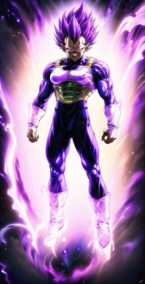 We can visualize the iconic character from the animated series Dragon Ball Z, Vegeta Ultra Ego, full power. (Violet hair:1.9). Perfect violet eyes, with his characteristic blue warrior suit. Flashes of light and electricity surround violet his entire body, violet glow,  with an extremely aggressive appearance, smiling laugh. Machiavellian, cunning, perverse, malignant, evil. His ki is immense and mystical violet color. He is at the culmination of a great battle for the fate of universe 7. The image quality and details have to be worthy of one of the most famous characters in all of anime history and honor him as he deserves. which reflects the design style and details of the great Akira Toriyama. (Full body:1.8), face front, battlefield background 



PNG image format, sharp lines and borders, solid blocks of colors, over 300ppp dots per inch, 32k ultra high definition, 530MP, Fujifilm XT3, cinematographic, (photorealistic:1.6), 4D, High definition RAW color professional photos, photo, masterpiece, realistic, ProRAW, realism, photorealism, high contrast, digital art trending on Artstation ultra high definition detailed realistic, detailed, skin texture, hyper detailed, realistic skin texture, facial features, armature, best quality, ultra high res, high resolution, detailed, raw photo, sharp re, lens rich colors hyper realistic lifelike texture dramatic lighting unrealengine trending, ultra sharp, pictorial technique, (sharpness, definition and photographic precision), (contrast, depth and harmonious light details), (features, proportions, colors and textures at their highest degree of realism), (blur background, clean and uncluttered visual aesthetics, sense of depth and dimension, professional and polished look of the image), work of beauty and complexity. perfectly symmetrical body.
(aesthetic + beautiful + harmonic:1.5), (ultra detailed face, ultra detailed perfect eyes, ultra detailed mouth, ultra detailed body, ultra detailed perfect hands, ultra detailed clothes, ultra detailed background, ultra detailed scenery:1.5),



detail_master_XL:0.9,SDXLanime:0.8,LineAniRedmondV2-Lineart-LineAniAF:0.8,EpicAnimeDreamscapeXL:0.8,ManimeSDXL:0.8,Midjourney_Style_Special_Edition_0001:0.8,animeoutlineV4_16:0.8,perfect_light_colors:0.8,SAIYA,yuzu2:0.3,super Saiyan,UE_vegeta,SSJ 3 V2:0.8