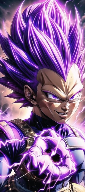 We can visualize the iconic character from the animated series Dragon Ball Z, Vegeta Ultra Ego, full power. (Violet hair:1.9). Perfect violet eyes, with his characteristic blue warrior suit. Flashes of light and electricity surround violet his entire body,  with an extremely aggressive appearance, smiling laugh. His ki is immense and mystical violet color. He is at the culmination of a great battle for the fate of universe 7. The image quality and details have to be worthy of one of the most famous characters in all of anime history and honor him as he deserves. which reflects the design style and details of the great Akira Toriyama. Full body:1.5, face front, battlefield background 



PNG image format, sharp lines and borders, solid blocks of colors, over 300ppp dots per inch, 32k ultra high definition, 530MP, Fujifilm XT3, cinematographic, (photorealistic:1.6), 4D, High definition RAW color professional photos, photo, masterpiece, realistic, ProRAW, realism, photorealism, high contrast, digital art trending on Artstation ultra high definition detailed realistic, detailed, skin texture, hyper detailed, realistic skin texture, facial features, armature, best quality, ultra high res, high resolution, detailed, raw photo, sharp re, lens rich colors hyper realistic lifelike texture dramatic lighting unrealengine trending, ultra sharp, pictorial technique, (sharpness, definition and photographic precision), (contrast, depth and harmonious light details), (features, proportions, colors and textures at their highest degree of realism), (blur background, clean and uncluttered visual aesthetics, sense of depth and dimension, professional and polished look of the image), work of beauty and complexity. perfectly symmetrical body.
(aesthetic + beautiful + harmonic:1.5), (ultra detailed face, ultra detailed perfect eyes, ultra detailed mouth, ultra detailed body, ultra detailed perfect hands, ultra detailed clothes, ultra detailed background, ultra detailed scenery:1.5),



detail_master_XL:0.9,SDXLanime:0.8,LineAniRedmondV2-Lineart-LineAniAF:0.8,EpicAnimeDreamscapeXL:0.8,ManimeSDXL:0.8,Midjourney_Style_Special_Edition_0001:0.8,animeoutlineV4_16:0.8,perfect_light_colors:0.8,SAIYA,yuzu2:0.3,super Saiyan,UE_vegeta