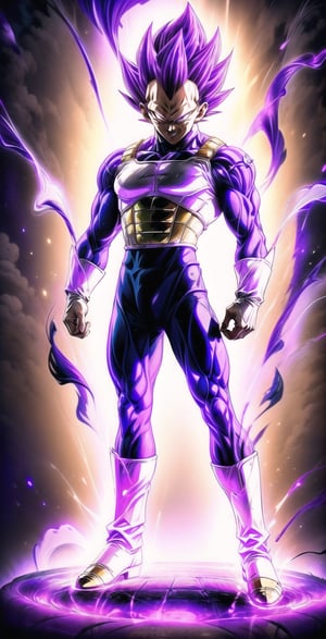 We can visualize the iconic character from the animated series Dragon Ball Z, Vegeta Ultra Ego, full power. (Violet hair:1.9). Perfect violet eyes, with his characteristic blue warrior suit. Flashes of light and electricity surround violet his entire body,  with an extremely aggressive appearance, smiling laugh. Machiavellian, cunning, perverse, malignant, evil. His ki is immense and mystical violet color. He is at the culmination of a great battle for the fate of universe 7. The image quality and details have to be worthy of one of the most famous characters in all of anime history and honor him as he deserves. which reflects the design style and details of the great Akira Toriyama. (Full body:1.8), face front, battlefield background 



PNG image format, sharp lines and borders, solid blocks of colors, over 300ppp dots per inch, 32k ultra high definition, 530MP, Fujifilm XT3, cinematographic, (photorealistic:1.6), 4D, High definition RAW color professional photos, photo, masterpiece, realistic, ProRAW, realism, photorealism, high contrast, digital art trending on Artstation ultra high definition detailed realistic, detailed, skin texture, hyper detailed, realistic skin texture, facial features, armature, best quality, ultra high res, high resolution, detailed, raw photo, sharp re, lens rich colors hyper realistic lifelike texture dramatic lighting unrealengine trending, ultra sharp, pictorial technique, (sharpness, definition and photographic precision), (contrast, depth and harmonious light details), (features, proportions, colors and textures at their highest degree of realism), (blur background, clean and uncluttered visual aesthetics, sense of depth and dimension, professional and polished look of the image), work of beauty and complexity. perfectly symmetrical body.
(aesthetic + beautiful + harmonic:1.5), (ultra detailed face, ultra detailed perfect eyes, ultra detailed mouth, ultra detailed body, ultra detailed perfect hands, ultra detailed clothes, ultra detailed background, ultra detailed scenery:1.5),



detail_master_XL:0.9,SDXLanime:0.8,LineAniRedmondV2-Lineart-LineAniAF:0.8,EpicAnimeDreamscapeXL:0.8,ManimeSDXL:0.8,Midjourney_Style_Special_Edition_0001:0.8,animeoutlineV4_16:0.8,perfect_light_colors:0.8,SAIYA,yuzu2:0.3,super Saiyan,UE_vegeta,SSJ 3 V2:0.8