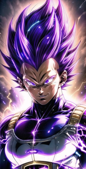 We can visualize the iconic character from the animated series Dragon Ball Z, Vegeta Ultra Ego, full power. (Violet hair:1.9). Perfect violet eyes, with his characteristic blue warrior suit. Flashes of light and electricity surround violet his entire body,  with an extremely aggressive appearance, smiling laugh. Machiavellian, cunning, perverse, malignant, evil. His ki is immense and mystical violet color. He is at the culmination of a great battle for the fate of universe 7. The image quality and details have to be worthy of one of the most famous characters in all of anime history and honor him as he deserves. which reflects the design style and details of the great Akira Toriyama. Full body:1.8, face front, battlefield background 



PNG image format, sharp lines and borders, solid blocks of colors, over 300ppp dots per inch, 32k ultra high definition, 530MP, Fujifilm XT3, cinematographic, (photorealistic:1.6), 4D, High definition RAW color professional photos, photo, masterpiece, realistic, ProRAW, realism, photorealism, high contrast, digital art trending on Artstation ultra high definition detailed realistic, detailed, skin texture, hyper detailed, realistic skin texture, facial features, armature, best quality, ultra high res, high resolution, detailed, raw photo, sharp re, lens rich colors hyper realistic lifelike texture dramatic lighting unrealengine trending, ultra sharp, pictorial technique, (sharpness, definition and photographic precision), (contrast, depth and harmonious light details), (features, proportions, colors and textures at their highest degree of realism), (blur background, clean and uncluttered visual aesthetics, sense of depth and dimension, professional and polished look of the image), work of beauty and complexity. perfectly symmetrical body.
(aesthetic + beautiful + harmonic:1.5), (ultra detailed face, ultra detailed perfect eyes, ultra detailed mouth, ultra detailed body, ultra detailed perfect hands, ultra detailed clothes, ultra detailed background, ultra detailed scenery:1.5),



detail_master_XL:0.9,SDXLanime:0.8,LineAniRedmondV2-Lineart-LineAniAF:0.8,EpicAnimeDreamscapeXL:0.8,ManimeSDXL:0.8,Midjourney_Style_Special_Edition_0001:0.8,animeoutlineV4_16:0.8,perfect_light_colors:0.8,SAIYA,yuzu2:0.3,super Saiyan,UE_vegeta,SSJ 3 V2:0.8