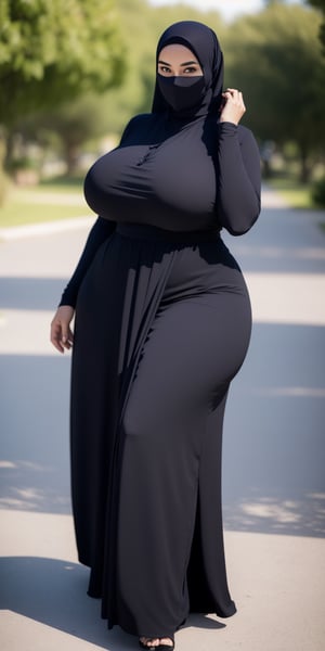 masterpiece, 1 girl, alone, mature woman, milf, 49 years old, brown eyes, (long black dress), thin dress, long sleeves, (black hijab), covered mouth, covered forehead, (wide hips: 1.1), narrow waist, voluptuous, curvy, (giant breasts: 1.1), giant hips, wide hips, thick thighs, (huge thighs: 1.3), venusbody, hijab, veil,  ((young 21 year old bbw with big tits and big butt, with long thick legs))