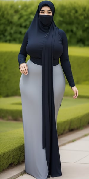 masterpiece, 1 girl, alone, mature woman, milf, 49 years old, brown eyes, long black dress, slim dress, long sleeves, (black hijab), covered mouth, covered forehead, (wide hips: 1.1), narrow waist, voluptuous , curvy, (giant breasts: 1.1), giant hips, wide hips, thick thighs, (huge thighs: 1.3),venusbody,hijab,veil