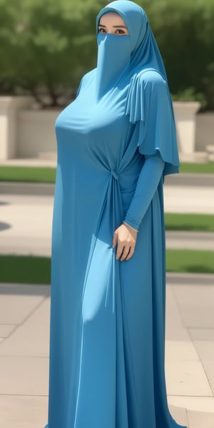 masterpiece, 1 girl, alone, mature woman, milf, 49 years old, brown eyes, long black dress, slim dress, long sleeves, hijab, covered mouth, covered forehead, (wide hips: 1.1), narrow waist, voluptuous , curvy, (giant breasts: 1.1), giant hips, wide hips, thick thighs, (huge thighs: 1.3),venusbody,hijab,veil
