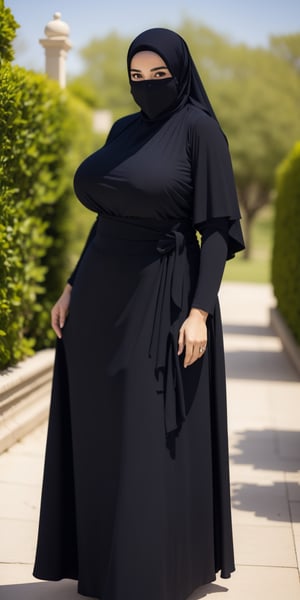 masterpiece, 1 girl, alone, mature woman, milf, 49 years old, brown eyes, (long black dress), slim dress, long sleeves, (black hijab), covered mouth, covered forehead, (wide hips: 1.1), narrow waist, voluptuous , curvy, (giant breasts: 1.1), giant hips, wide hips, thick thighs, (huge thighs: 1.3),venusbody,hijab,veil