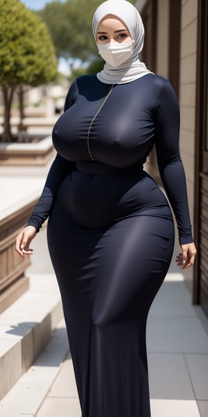 masterpiece, 1 girl, alone, mature woman, milf, 49 years old, brown eyes, long black dress, slim dress, long sleeves, hijab, covered mouth, covered forehead, (wide hips: 1.1), narrow waist, voluptuous , curvy, (giant breasts: 1.1), giant hips, wide hips, thick thighs, (huge thighs: 1.3),venusbody,hijab