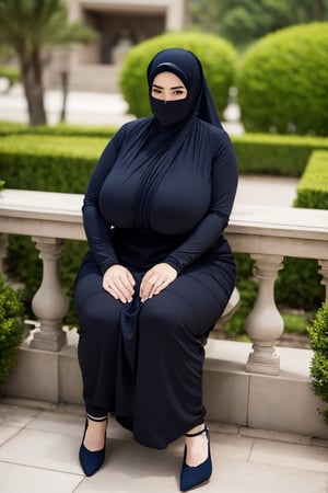 masterpiece, 1 girl, alone, mature woman, milf, 49 years old, brown eyes, (long black dress), thin dress, long sleeves, (black hijab), covered mouth, covered forehead, (wide hips: 1.1), narrow waist, voluptuous, curvy, (giant breasts: 1.1), giant hips, wide hips, thick thighs, (huge thighs: 1.3), venusbody, hijab, veil,  ((young 21 year old bbw with big tits and big butt, with long thick legs)), squatting, legs spread, facing forward