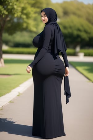 masterpiece, 1 girl, alone, mature woman, milf, 49 years old, brown eyes, (long black dress), thin dress, long sleeves, (black hijab), covered mouth, covered forehead, (wide hips: 1.1), narrow waist, voluptuous, curvy, (giant breasts: 1.1), giant hips, wide hips, thick thighs, (huge thighs: 1.3), venusbody, hijab, veil,  ((young 21 year old bbw with big tits and big butt, with long thick legs)), standing, full body, view from behind