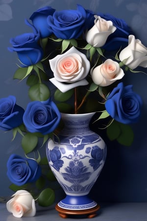 (Masterpiece), Top Quality, High Resolution, High detailed, 8K, Complex Patterns,, full body, (single rose), Vase, (dark blue rose only)