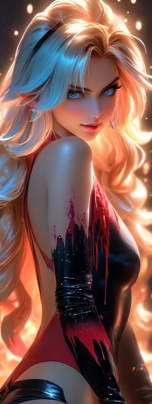 1 girl made of slime, slime girl, petite body shape, hyper realistic pastel color masterpiece, beautiful anime woman, smokey atmosphere, hyper realistic masterpiece of an anime vampire woman, wearing black and red, with platinum blonde hair and pale fair white skin, at night, twilight, evening, outside, particles visible, light from behind, hyper realistic detailed lighting, hyper realistic shadows hyper realistic masterpiece, highly contrast water color pastel mix, sharp focus, digital painting, pastel mix art, digital art, clean art, professional, contrast color, contrast, colorful, rich deep color, studio lighting, dynamic light, deliberate, concept art, highly contrast light, strong back light, hyper detailed, super detailed, render, CGI winning award, hyper realistic, ultra realistic, UHD, HDR, 64K, RPG, inspired by wlop, UHD render, HDR render

