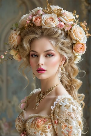 (nsfw image of sexy rococo lady), (her top is wide open exposing naked breast:1.5), (exposed breast:1.5), (naked breast:1.5), large enhanced fake rounded breasts 32DD, nipples visible, (breasts out:1.5), push up, realistic nipples, errected nipples, blonde hair, pink lips, pale skine, the hair is decoated with roses and flowers,  
waering a baroque ornamentic brocat lace dress, side view portrait, , in a fantasy palace, blured background