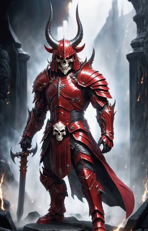 Full body. Dominating the stage is a muscular and imposing figure, clad in shiny red armor that highlights the sculpted contours of their body. The head is decorated with a skull-shaped helmet, which gives the character a sinister and terrifying aura, horns, In the figure's strong grip, a massive and intimidating battle ax shines, ready for a powerful and decisive strike, the red armor reflects the ambient light, creating a captivating play of light and shadow that highlights both the strength and the sinister presence of the character