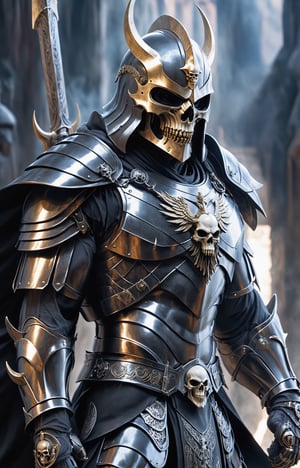Dominating the stage is a muscular and imposing figure, clad in shiny black armor that accentuates the sculpted contours of their body. The head is decorated with a skull-shaped helmet, which gives the character a sinister and terrifying aura. In the figure's strong grip, a massive and intimidating battle ax gleams, ready for a powerful and decisive strike, the armor reflects ambient light, creating a captivating play of light and shadow that highlights both the figure's strength and sinister presence,