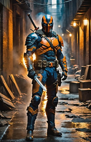 In a dimly lit alley, a portrait of legendary DC anti-hero Deathstroke comes to life with grim intensity. The mercenary stands stoically, bathed in the harsh glow of a lone lantern, casting sharp shadows across the jagged contours of his battle-worn armor. His helmet exudes a menacing aura, revealing only a piercing, cold gaze that speaks volumes about a lifetime of war. The metallic sheen of his orange and blue armor reflects ambient light, telling stories of countless battles and close encounters. Strands of white hair protrude from the edges of the mask, adding an aura of mature wisdom to the formidable face. The faint glow of a cigar between clenched teeth releases thin wisps of smoke, adding an element of gruff determination to this portrait of a complex and enigmatic DC character. 8K, Full body