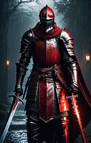 (a person holding a sword), (rain), (blood knight:1.1), (fantasy knight), (evil knight), (gothic knight), (dark souls art style), (fallen knight), (knight armored in red), (best quality, 4k, 8k, highres, masterpiece:1.2), (ultra-detailed), (realistic, photorealistic, photo-realistic:1.37), (HDR), (UHD), (studio lighting), (vivid colors), (bokeh), (portraits), (landscape), (horror), (anime), (sci-fi), (photography), (concept artists), (dramatic lighting), (ominous atmosphere),