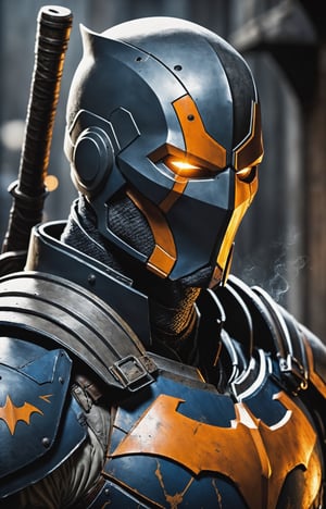 In a dimly lit alley, a portrait of legendary DC anti-hero Deathstroke comes to life with grim intensity. The mercenary stands stoically, bathed in the harsh glow of a lone lantern, casting sharp shadows across the jagged contours of his battle-worn armor. His one-eyed helmet exudes a menacing aura, revealing only a piercing, cold gaze that speaks volumes about a lifetime of war. The metallic sheen of his orange and blue armor reflects ambient light, telling stories of countless battles and close encounters. Strands of white hair protrude from the edges of the mask, adding an aura of mature wisdom to the formidable face. The faint glow of a cigar between clenched teeth releases thin wisps of smoke, adding an element of gruff determination to this portrait of a complex and enigmatic DC character,8K,photorealistic