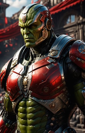 Marvel character Hulk as a soldier in Polish hussar armor, white and red flag in the left hand, eagle as an emblem on the chest, futuristic, high-contrast, high-octane render, intricate details, realistic, photorealistic, highly detailed, ultra-realistic, HDR, photorealistic, 8k,