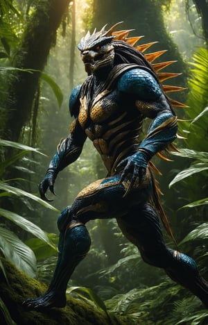 Amidst the dense, otherworldly foliage of a lush extraterrestrial jungle, the fearsome Yautja warrior, known as the Predator, emerges as the apex hunter in a riveting cinematic scene. Towering over the alien landscape, the Predator's hulking, heavily armored physique is cloaked in a mesh of advanced technology and natural camouflage. Its iconic mandibles extend menacingly from its reptilian-like face, revealing the creature's predatory intent. The creature's skin, adorned with tribal scars and hints of shimmering luminescence, adds an air of mystique to its formidable presence. In one hand, the Predator firmly grips a sleek, otherworldly plasma caster, ready to unleash devastating energy at its prey. The jungle canopy above is disturbed by the displacement of air caused by the Predator's cloaked form, creating an eerie distortion of light and shadows. The extraterrestrial atmosphere is palpable as the hunter becomes one with the environment, embodying the perfect blend of stealth, advanced weaponry, and primal instinct that defines this iconic cinematic character., LegendDarkFantasy, 8K, RAW, high quality film grain, photo taken with nikon d85 camera,